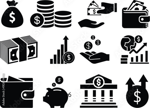 Vector business and finance icon set with money, bank, piggy, credit, exchange, graph, deposit, calculator, web, law, dollar, euro, coin, card, currency, handshake and more isolated silhouette symbol.