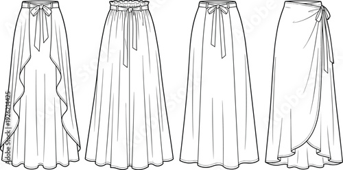 Women maxi skirt collection vector illustration, high waist wrap ruffle and belted long skirts fashion template