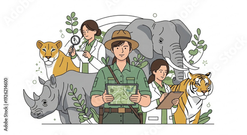 Wildlife conservation team with animals in a natural setting featuring a diverse group of people and endangered species together