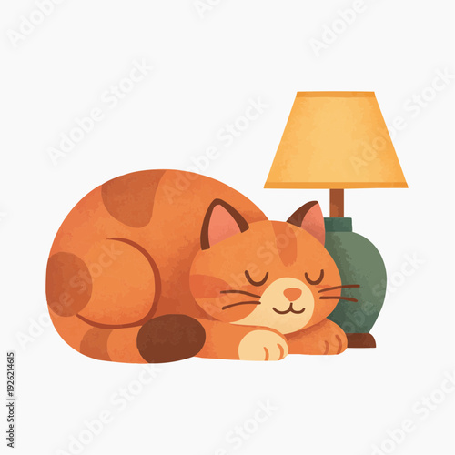 Cute orange cat peacefully sleeping next to lamp