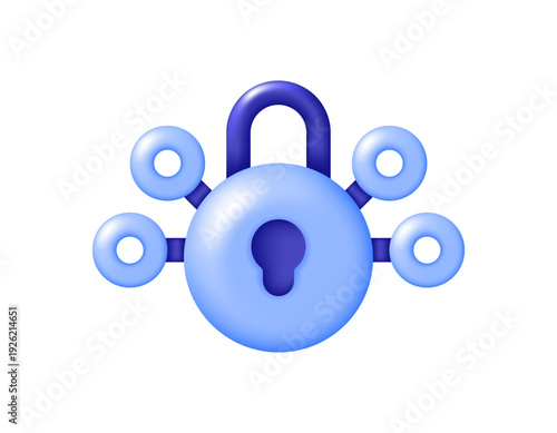 3D icons or illustrations about cybersecurity and network protection. Data security and secure connections. Illustration of a padlock with interconnected dots. Element, sign, concept. 3D vector. White