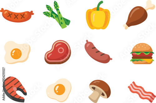 Cartoon food icons set with meat vegetables egg burger bacon salmon, flat vector illustration isolated on white background