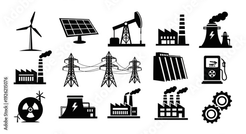 Energy sources and power generation icons representing various industries and technologies.