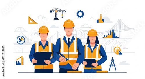 Three construction professionals in hard hats and safety vests collaborating on a project with various engineering and architectural symbols around them