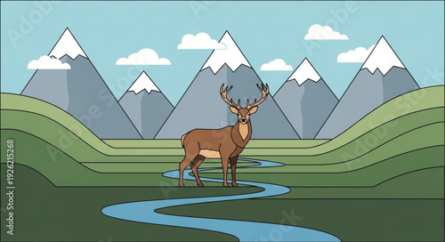 Deer Standing Near Stream Mountain.