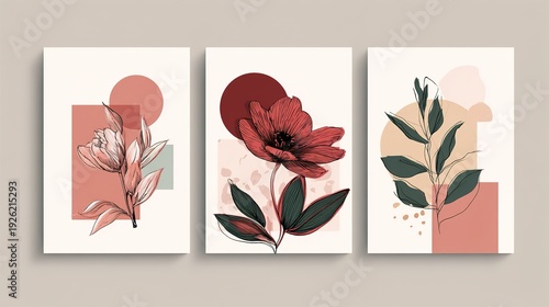 A set of three abstract floral art prints on a beige background