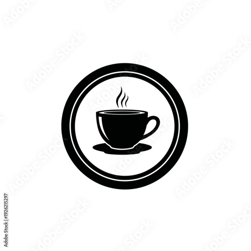 flat black silhouette icon of teacup inside circular badge shape, minimal geometric design