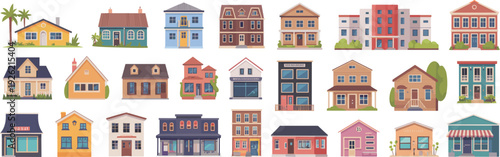Flat design house and storefront collection with residential homes and shops, colorful vector illustration isolated on white