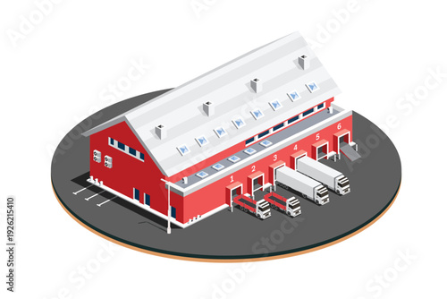Isometric Distribution Logistic Center. Warehouse Storage Facilities with Trucks Isolated on White Background. Illustration. Loading Discharging Terminal.