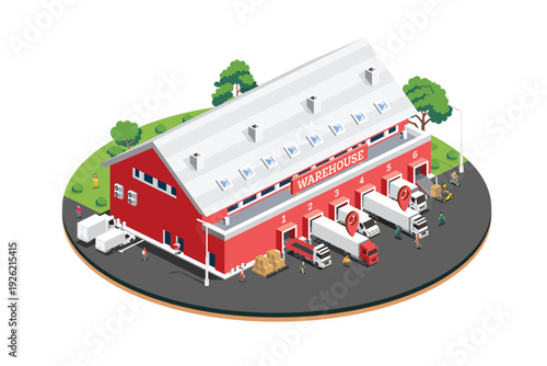 Isometric warehouse distribution center with workers, trucks and loading docks. Illustration. Object isolated on white background. Red building with windows.