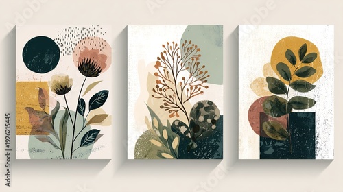 Three abstract floral paintings on a beige wall with modern decor