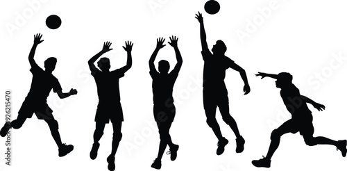 Set of black silhouettes featuring volleyball players in action, team athletes jumping for game competition, and sports