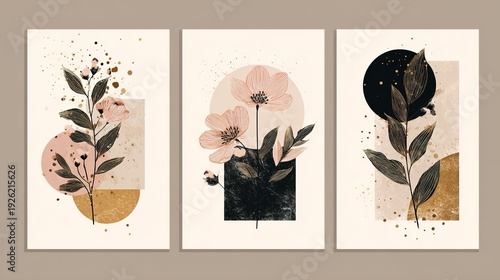 Three beautiful floral art prints with pink and black flowers