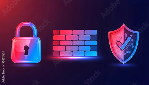 A neon illuminated lock, brick wall, and shield with checkmark, symbolizing digital security measures in a dark environment viewed from straight on with vibrant colors