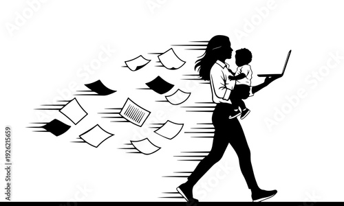 Busy working mom multitasking concept. Vector silhouette illustration of a woman walking fast carrying a baby and a laptop with papers flying behind.

