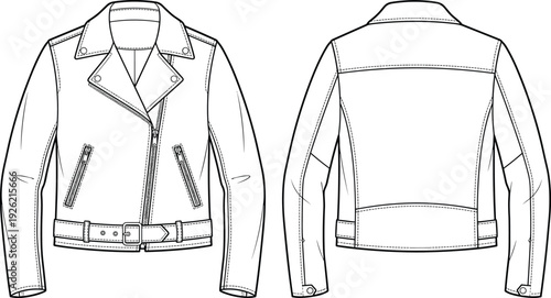Women leather biker jacket vector illustration, zippered moto outerwear front and back view fashion design template