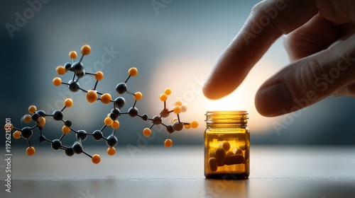 The hand places a pill next to a spilled amber bottle and a molecular model, symbolizing hormone therapy for a woman and the decision involved