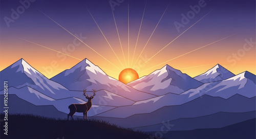 Deer Standing on Mountain Ridge at Sunset.