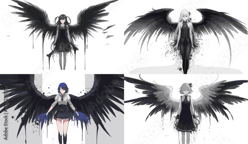 Dark winged characters, gothic fantasy, surreal illustration, supernatural vector, mysterious clipart, ethereal design, black wings, dramatic art, fantasy icon, moody graphic