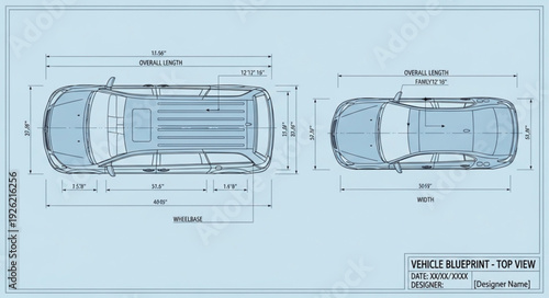 Detailed blueprint of two vehicles showcasing dimensions and design specifications for automotive engineering.
