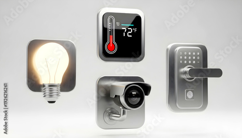 Smart home device icons set. Includes light bulb, temperature control, camera, and digital lock. Created in modern style with gray and black palette