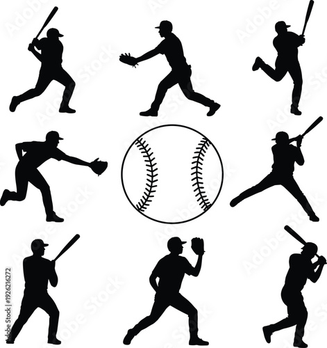 Set of black silhouettes featuring baseball players in action, athletes hitting and throwing for sports competition