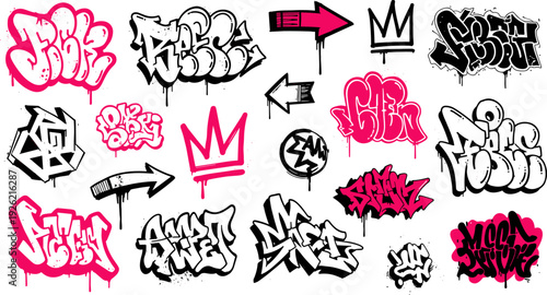 Graffiti Art Collection Dynamic Spray Paint Lettering Elements and Urban Street Art Icons for Creative Design Projects