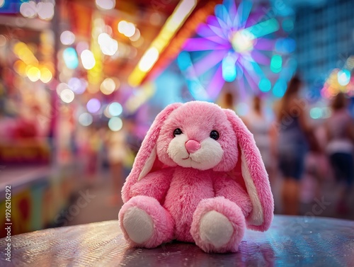 A pink stuffed bunny sits on a table at a colorful carnival