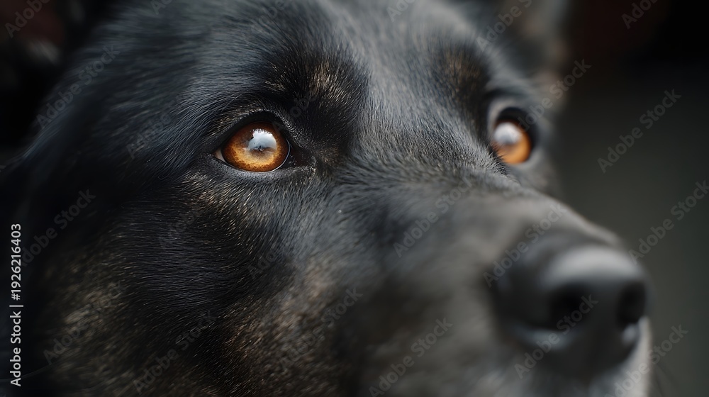 © Thares2020 - Intimate close up portrait of a black dog s intense amber eyes and dark fur