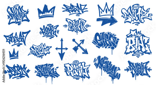 Dynamic Blue Graffiti Tags and Crowns Collection Urban Art Style Elements for Graphic Design and Creative Projects