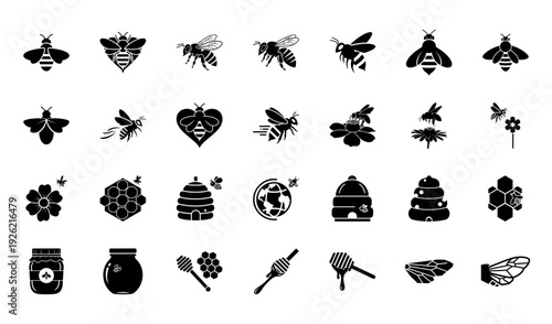A collection of honey bee design elements vector icons featuring black silhouette illustrations of animals, flowers and spring insects, for world bee day.