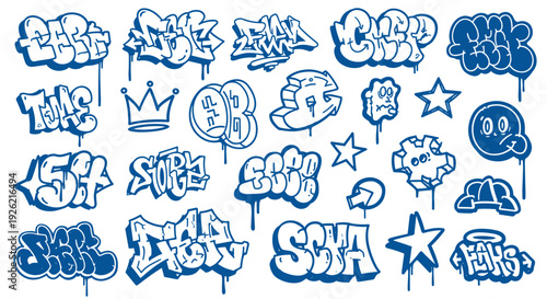 Dynamic Graffiti Art Collection Featuring Bold Blue Drip Lettering and Urban Style Elements on White Background