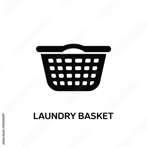 Simple black silhouette of a woven laundry basket on a white background