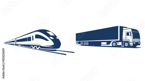 Modern high-speed train and cargo truck illustration side by side