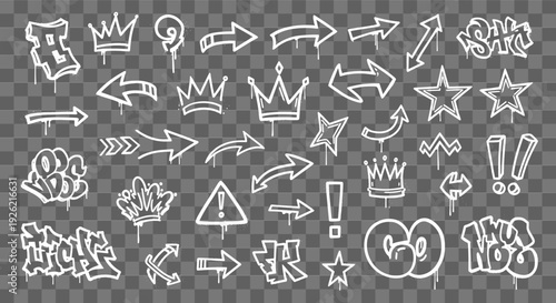 Graffiti Elements Collection White Drip Style Icons Arrows Crowns Stars Symbols and Text for Urban Art and Design Projects