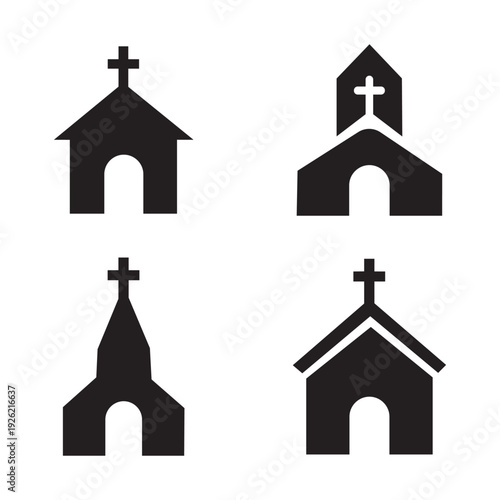Church silhouette set of black christian chapel icons for religious design.