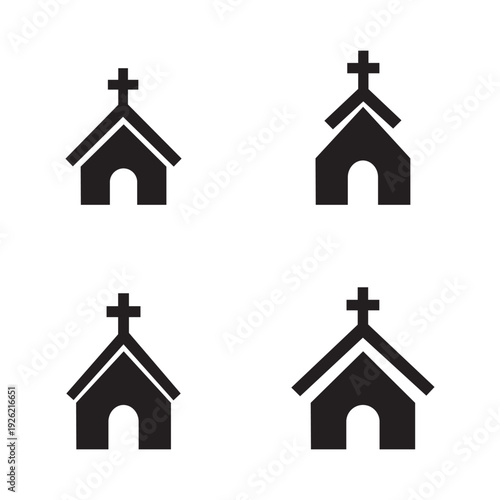 Church silhouette set of black christian chapel icons for religious design.