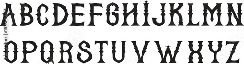 Vintage serif alphabet font in distressed black letterforms. Classic uppercase typography with textured antique style. Perfect for retro branding, posters, and editorial design projects.