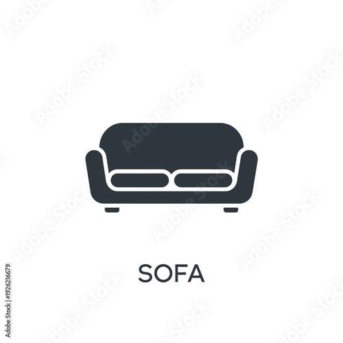 Simple black glyph icon depicting a modern comfortable sofa design