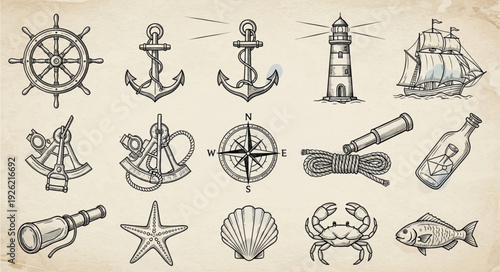 Collection of nautical themed illustrations featuring various maritime elements and symbols.
