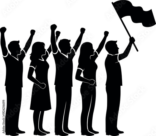Protest silhouettes illustration, activist people artwork, unity demonstration icons, social rally design concept, collective action graphic, black white solidarity representation