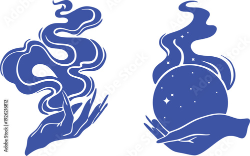 Mystical blue smoke and crystal ball illustration with flowing magical shapes. Fantasy fortune telling artwork featuring stars and swirling energy. Ideal for astrology, tarot, and spiritual design the