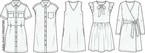 Women dress technical drawing set, fashion flat sketch collection isolated vector illustration on white background apparel design template