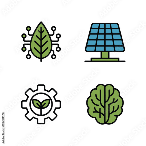 Icons representing sustainable energy technology and environmental growth