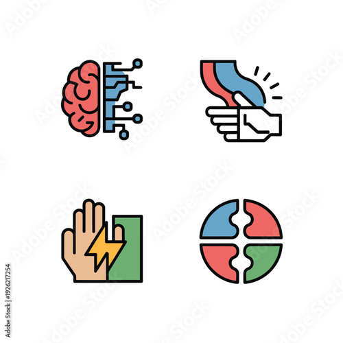 Colorful icons depicting brain hand power and connection concepts