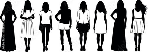Women silhouettes illustration, diverse fashion artwork, female figures icons, clothing styles design, standing poses concept, black white graphic, artistic representation