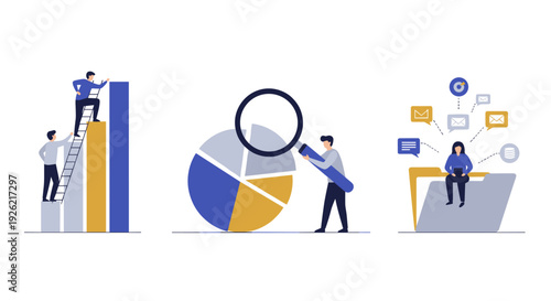 Business analytics and data visualization concept with people interacting with charts and graphs and digital communication elements