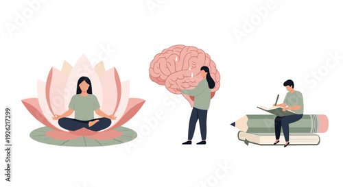 Mindfulness and creativity concept illustration with people meditating holding brain and writing on books with pencil