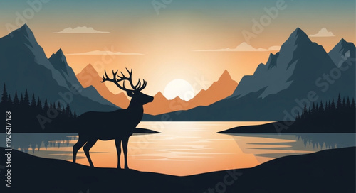 Deer Silhouette at Sunset Mountains.