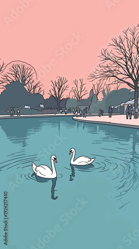 Two swans float on a lake as people stroll along the shore under a pink sunset sky in winter.